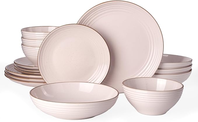 Famiware Jupiter Dinnerware Set with Pasta Bowl, Plates and Double Bowls Dish Sets for 4 (16 Pieces), Microwave and Dishwasher Safe, Chip and Scratch Resistant, Light Pink