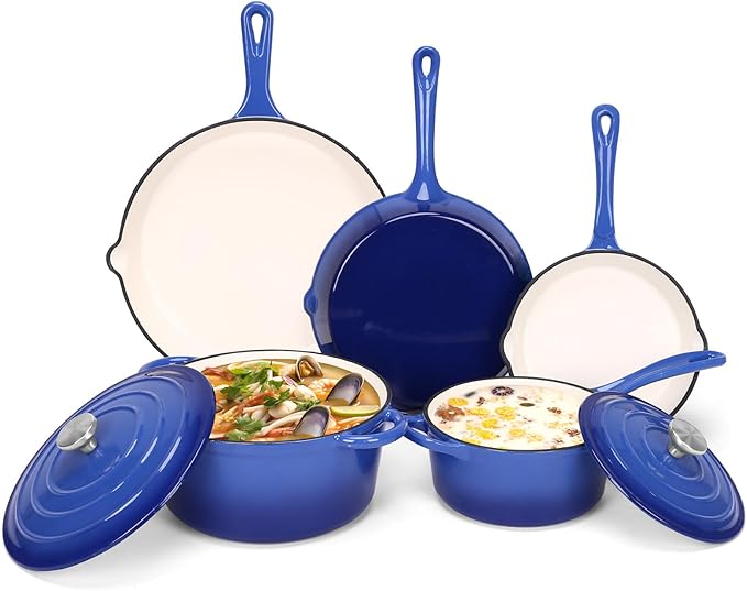 QuliMetal Enameled Cast Iron Cookware Set, 5 Pcs Pots and Pans with Lid, Skillet, Frying Pan, Saucepan & Dutch Oven for All Stovetops, PFA Free - Ideal for Sourdough Bread Baking