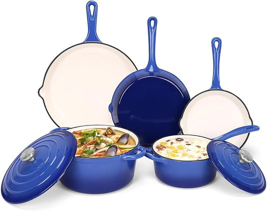 QuliMetal Enameled Cast Iron Cookware Set, 5 Pcs Pots and Pans with Lid, Skillet, Frying Pan, Saucepan & Dutch Oven for All Stovetops, PFA Free - Ideal for Sourdough Bread Baking