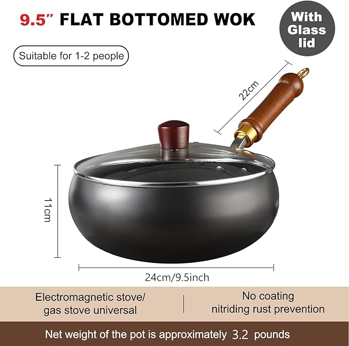 Carbon Steel Wok Pan, 9.5" Woks & Stir-Fry Pans with Glass Lid Cookwares, Nonstick Wok Flat Bottom Small Handmade Chinese Wok For for All Stoves