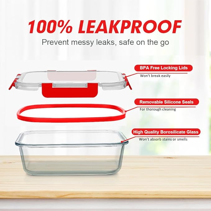 VERONES 12 Packs Glass Food Storage Containers Set, Airtight Glass Lunch Containers, Glass Meal Prep Containers with Lids,Exclusive of BPA, for Microwave, Oven, Freezer & Dishwasher Friendly,Red