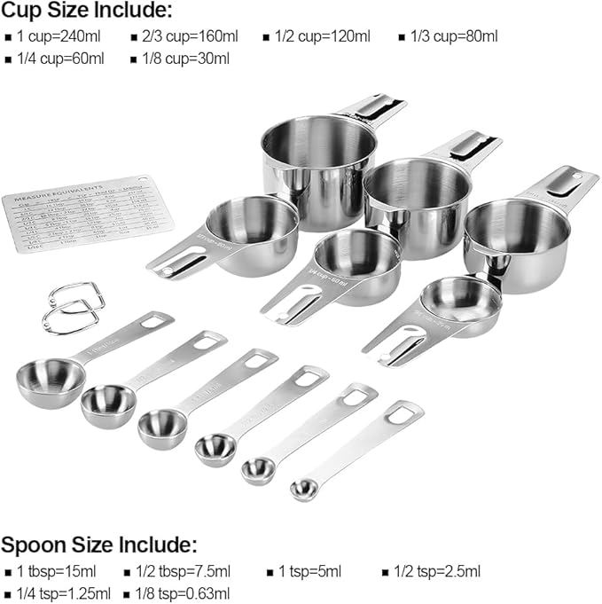 Measuring Cups and Spoons Set Heavy Duty 304 Metal Stainless Steel Measuring Cup Spoon Kitchen Gadgets for Cooking Baking (Set of 15)