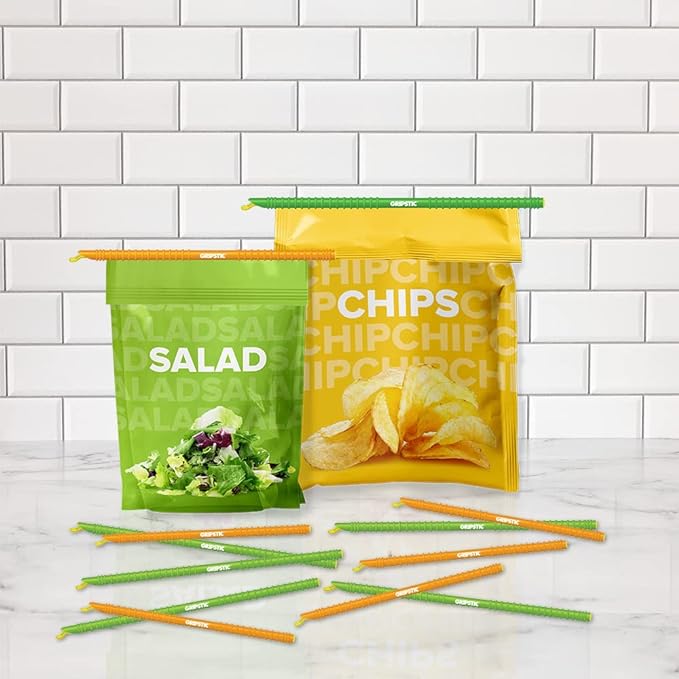 GRIPSTIC Bag Sealer - Reusable Chip Bag Clips. Patented. Airtight & Waterproof Seal on Food Storage Bags, Kids Snacks & More. Near Zero Waste. 12ct Large