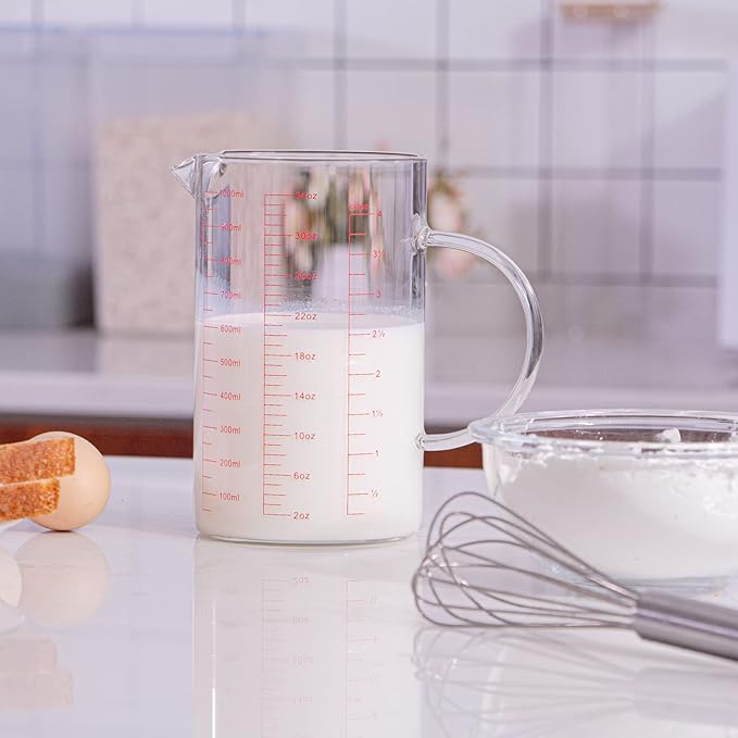 Luvan 34OZ/1000ML Glass Measuring Cup, 4 Cup Glass Measuring Cups With 3 Scales (Ml/Oz/Cup), High Borosilicate Measuring Cup With Handle and V-Shaped Spout, Dishwasher/Freezer/Microwave Safe