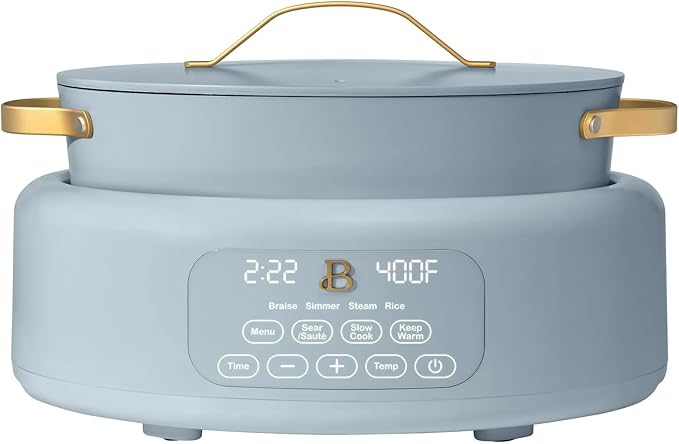 Beautiful 10-in-1 Electric Multi-Cooker by Drew Barrymore, 6-quart, digital display, 10 cooking functions, non-stick pot, easy one-touch control (CornFlower Blue)