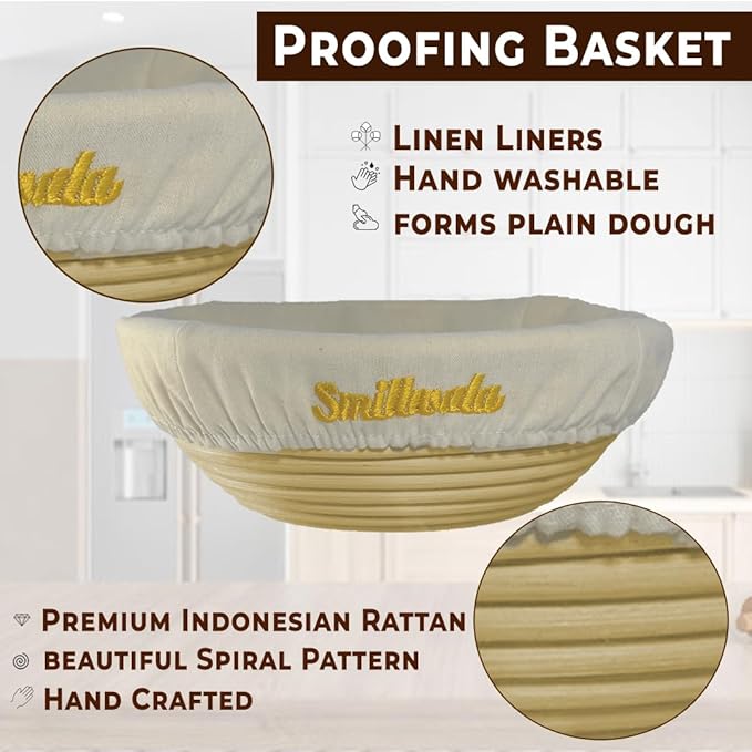 Round Banneton Bread Proofing Basket with Linen Liner, 9” Bread Basket with 6 Essential Bread Making Tools – Natural Rattan Sourdough Banneton Basket Kit for Baking Enthusiasts