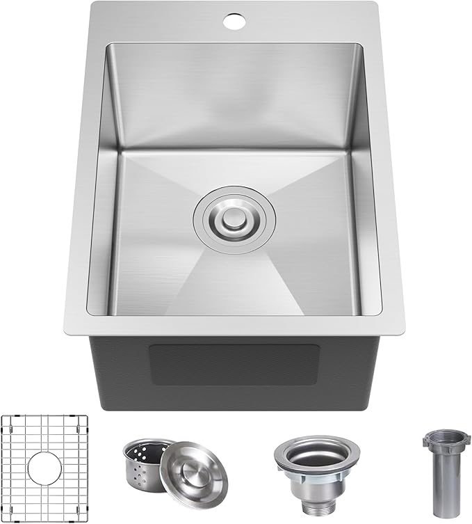 15x20 Inch Bar Sink, 18 Gauge 304 Stainless Steel Topmount Drop In Sink with Grid, Drain Assembly for Home, RV, Office, Laundry, Professional Use