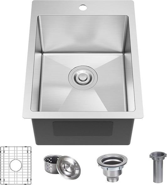 15x20 Inch Bar Sink, 18 Gauge 304 Stainless Steel Topmount Drop In Sink with Grid, Drain Assembly for Home, RV, Office, Laundry, Professional Use