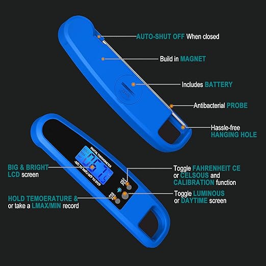 Instant Read Meat Thermometer for Kitchen Cooking, Ultra Fast Precise Waterproof Digital Food Thermometer with Backlight, Magnet and Foldable Probe for Deep Fry, Outdoor BBQ, Grill(Blue)