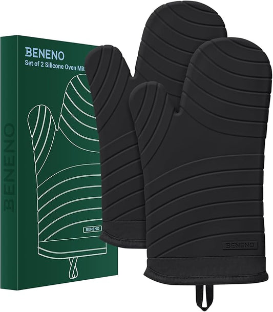 Beneno Premium Silicone Oven Mitts 2-Pack Heat Resistant 500°F, Soft Flexible Non-Slip Grips, BPA-Free & Waterproof Oven Mitts with Comfort Cotton Lining for Baking, Grilling, Cooking, 7"x13", Black