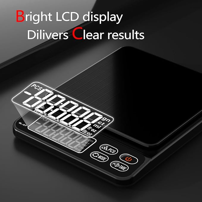 Mini Scale,6.6lb Scale for Grams,Digital Scale Food，Cooking Scale and Food Scales for Kitchen，Food Scale Grams and Ounces,Grams Scale,7Units,Auto Off,Tare,PCS,LCD Display