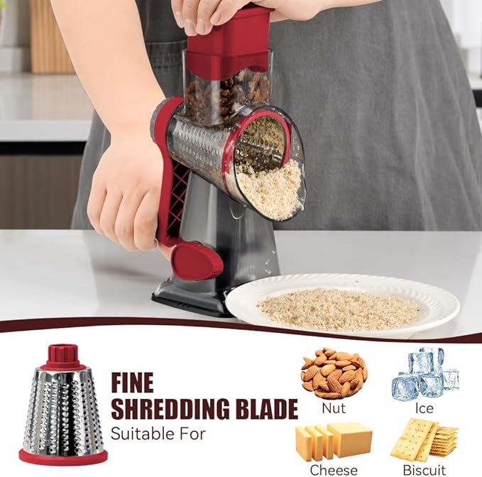 KEOUKE Rotary Cheese Grater Hand Crank Transparent - Shredder Slicer Grinder 3 Stainless Steel Blades, Stable Suction, Labor-Saving Handle, Safe Kitchen Tool for Cheese, Vegetable, Nuts, Chocolate