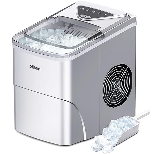 Silonn Ice Makers Countertop, 9 Cubes Ready in 6 Mins, 26lbs in 24Hrs, Self-Cleaning Ice Machine with Ice Scoop and Basket, 2 Sizes of Bullet Ice for Home Kitchen Office Bar Party, Sliver