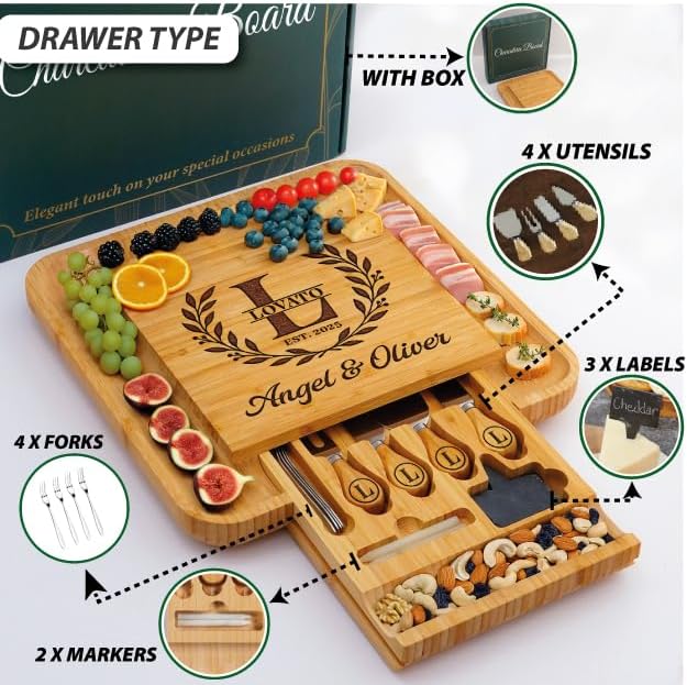 Personalized Charcuterie Board, Wedding Gifts for Couples 2025, Custom Cheese Boards Bridal Shower Gifts, Housewarming Gifts for Christmas, Anniversary, Engagement, New Home, Bride, Parent, Women