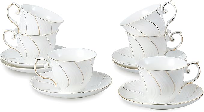 Tea Cups Set Of 6, Tea Cup And Saucer Set,6oz for Tea,Coffee, Latte, Cafe Mocha, Porcelain Tea Party Set (White with gold thread set of 6)