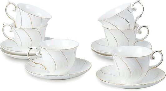 Tea Cups Set Of 6, Tea Cup And Saucer Set,6oz for Tea,Coffee, Latte, Cafe Mocha, Porcelain Tea Party Set (White with gold thread set of 6)