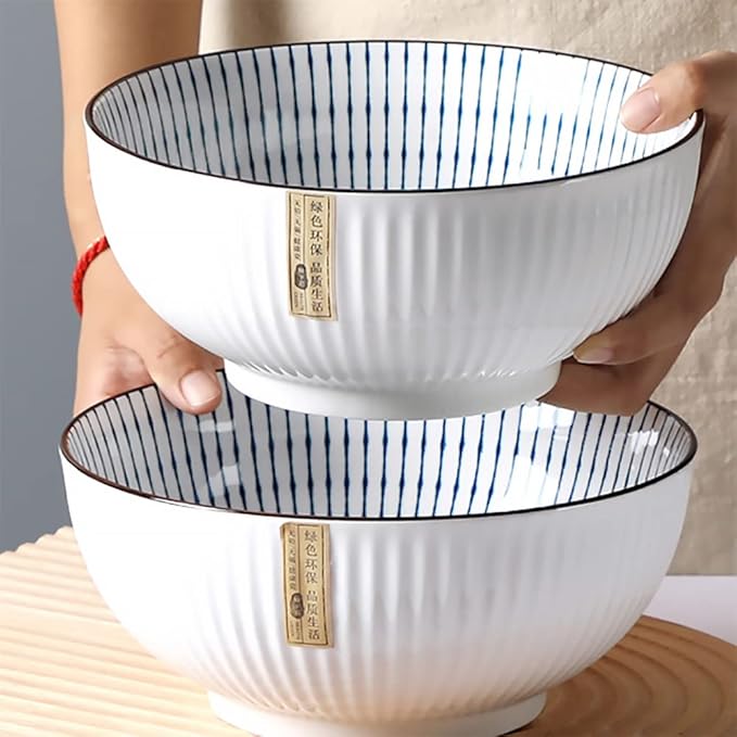 Houlu 60 oz Pho Bowls, Large Soup Bowl, Japanese Ramen Bowl Set, 8 inches Big Porcelain Bowls Set of 3, Striped Pattern