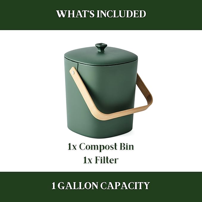 Bamboozle Countertop Compost Bin Kitchen | 1 Gallon | Odorless Composting Bin with Filters | Indoor Compost Bin with Lid | Plant Based Kitchen Composter for Food Scraps & Waste Recycling | Forest