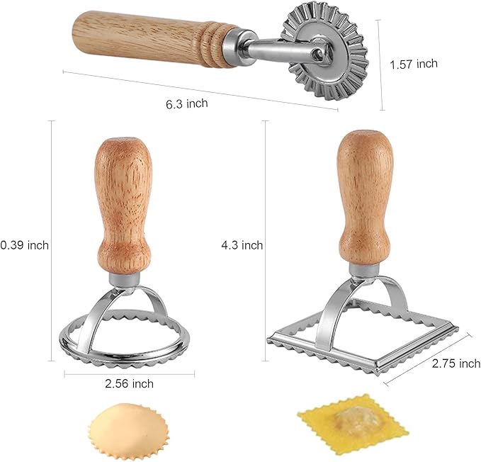 Ravioli Maker Stamp Cutter with Roller Wheel Set, Pasta Maker Mold with Wooden Handle and Fluted Edge, Ravioli Cutter and Press Stamp – for Pasta, Dumplings Lasagna, Pierogi (3 Set with Cutter)