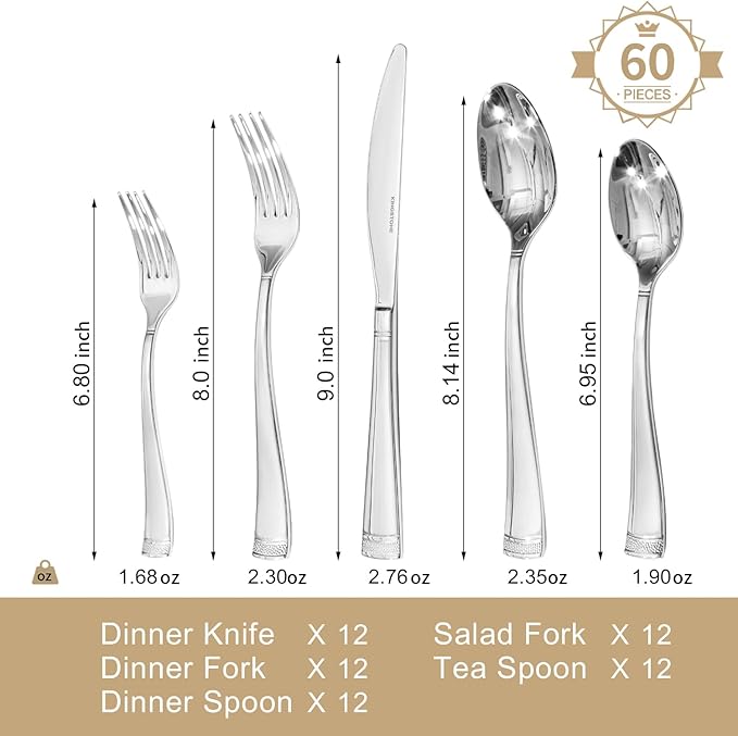 KINGSTONE Silverware Set, 60-Piece Flatware Set for 12, 18/10 Stainless Steel Cutlery Set with Bead Edge, Utensil for Kitchen, Home, Party, Wedding, Mirror Polished, Dishwasher Safe, Featured Gifts