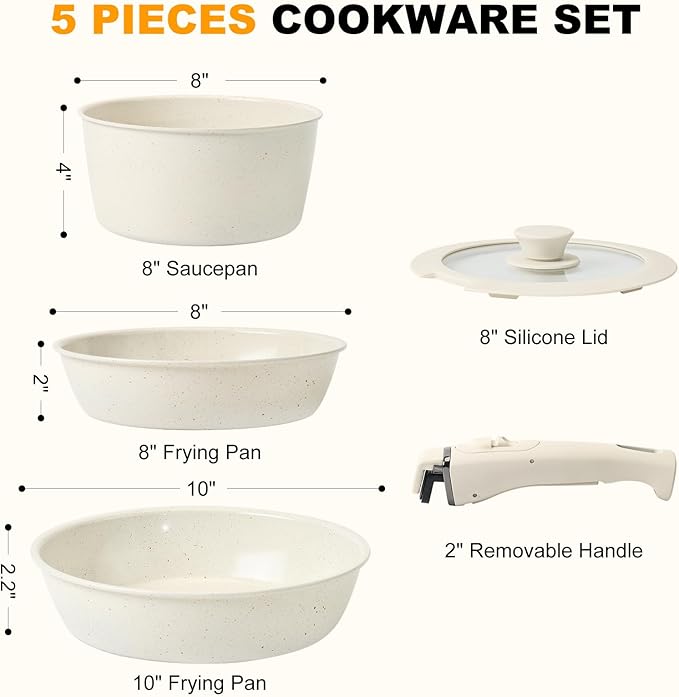 Pots and Pans Set Non Stick, Ceramic Cookware Set Nonstick Frying Pans 5 Pcs-Non Toxic PFAS/PFOA/PTFE Free, with Detachable Handle for RV Kitchen, Induction & Dishwasher Safe Cream White