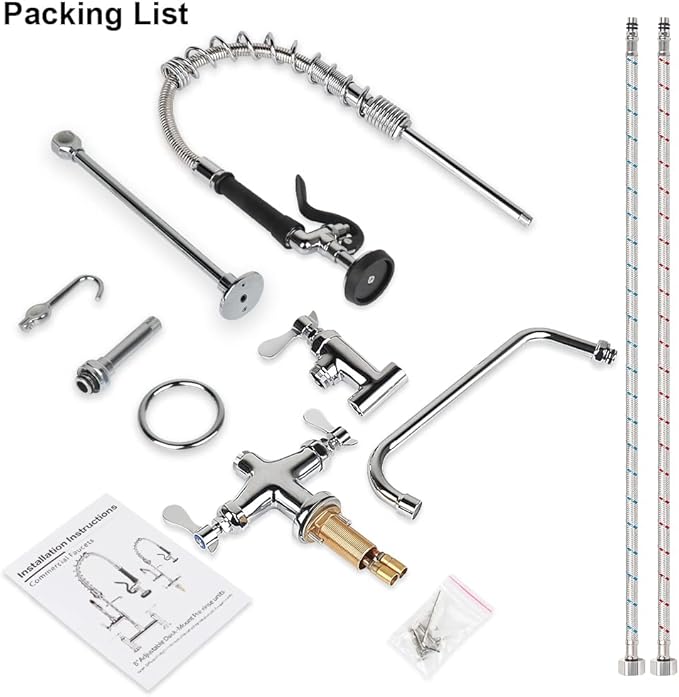 27 inch Height Deck Mount Commercial Faucet with Pre Rinse Sprayer, Single Hole Commercial Restaurant Kitchen Sink Faucet with 12” Swing Spout for Commercial Kitchens Restaurant Hotel