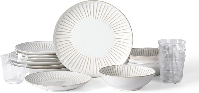 Stone Lain Linea 16-Piece Dinnerware Set Stoneware, Soda Lime Glass, White