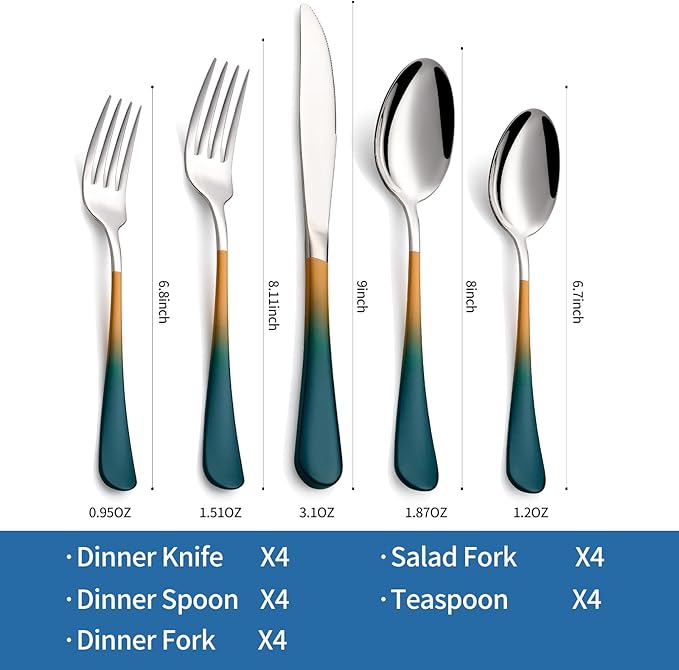 20-Piece Green and Orange Silverware Set, 18/0 Stainless Steel Colorful Handle Flatware Set,Service for 4,Modern Cutlery Set Includes Dinner Knives Forks Spoons,Mirror Polished,Dishwasher Safe