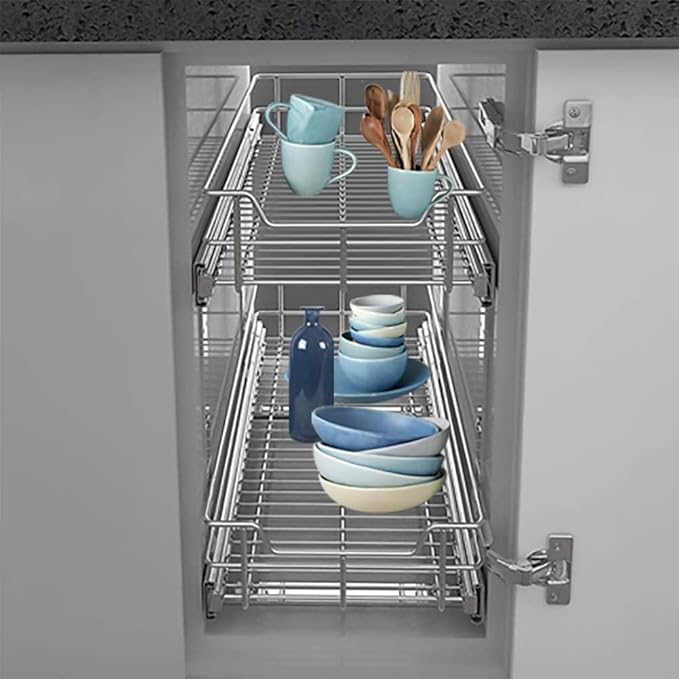 2 Tier Pull Out Cabinet Organizer 11" W X 17" D, Slide Out Drawers for Kitchen Cabinets, Pull Out Drawers for Cabinets Capacity Heavy Duty Caddy, Cabinet Pullout Shelves Chrome-Plated,Bathroom Pantry