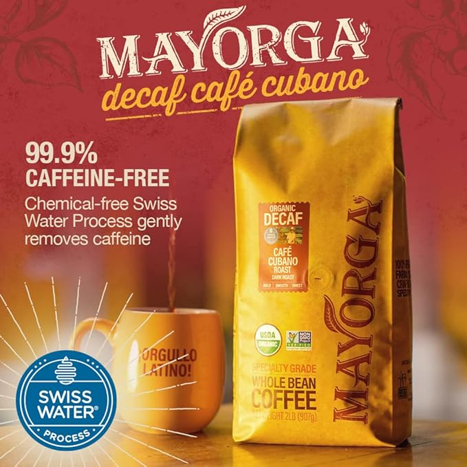 Mayorga Decaf Coffee 2lb Bag Dark Roast Organic Swiss Water Decaffeinated Cubano Roast Coffee - 100% Arabica Whole Coffee Beans - Smoothest Organic CoffeeSpecialty Grade, Non-GMO, Direct Trade