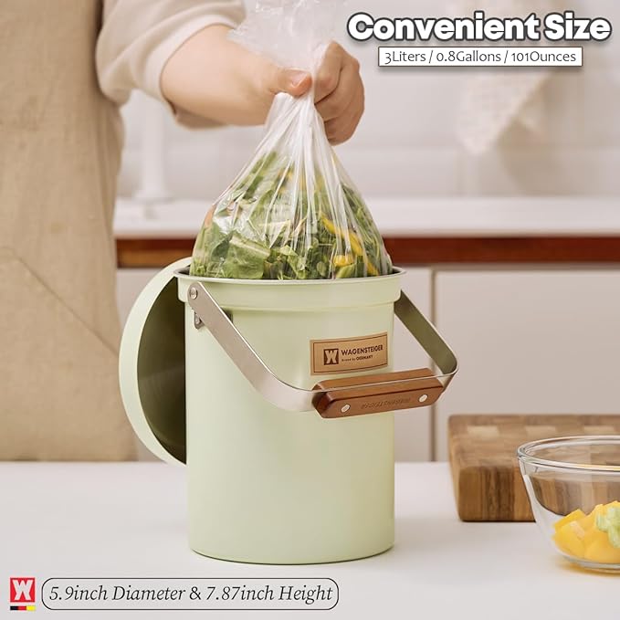 Kitchen Countertop Compost Bin 101Ounces / 3Liter with Airtight Lid, SUS304 Stainless Steel Odor-Free Food Waste Bin with Wooden Handle Stylish Design/Bathroon Trash Can (Mint Green)