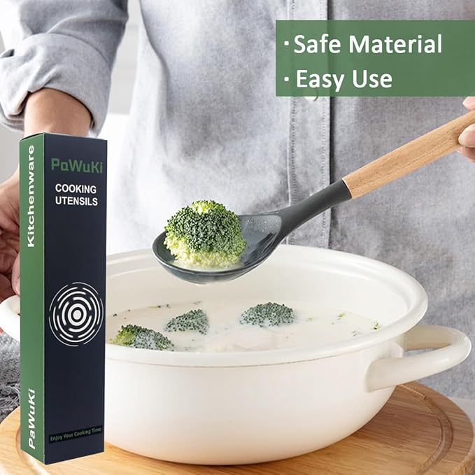 Silicone Pasta Fork and Silicone Cooking Spoon Set, Large Non Stick Kitchen Utensils for Cooking, Stirring, Serving Spaghetti, Soup, Sauce