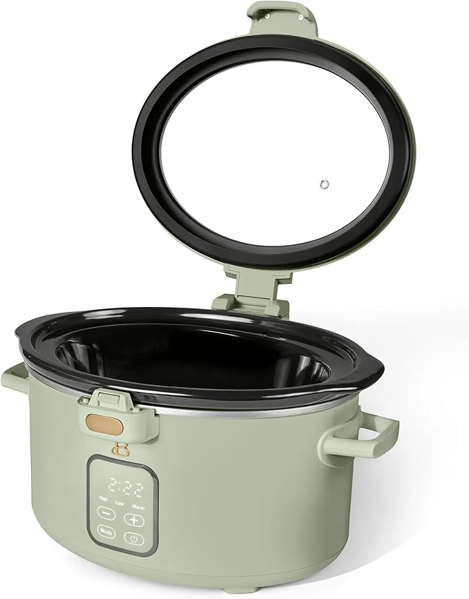 Beautiful 4-Qt Programmable Slow Cooker with Hinged Locking Lid & Touch Display – 3 Heat / 4 Timer Settings (Sage Green)