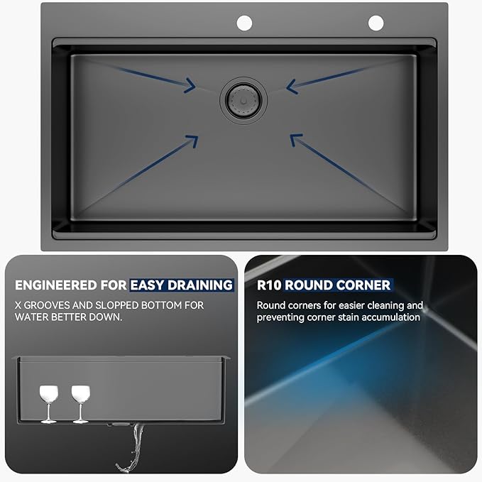 Lordear 36 Inch Black Drop In Kitchen Sink - 36x22x10 Inch Drop in Top Mount Sink 16 Gauge Stainless Steel Single Bowl Ledge Worktation Kitchen Sinks Handmade Deep Basin With Cutting Board