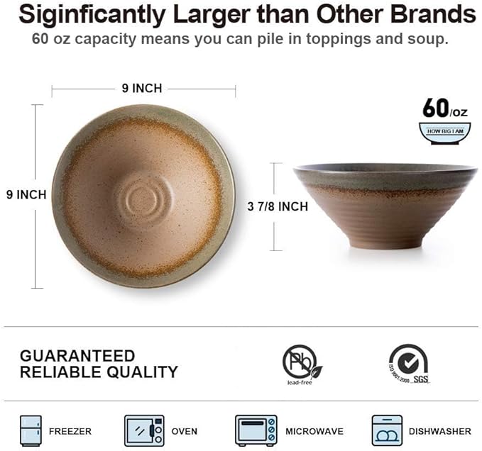 NJCHARMS Ceramic Ramen Bowls set, Noodles Soup Bowls, 2 Sets (6 Piece) 60 Ounce, Large Japanese Ceramic Ramen Bowl with Spoons and Chopsticks for Salad, Udon Pho Asian Noodles, Imitation pottery