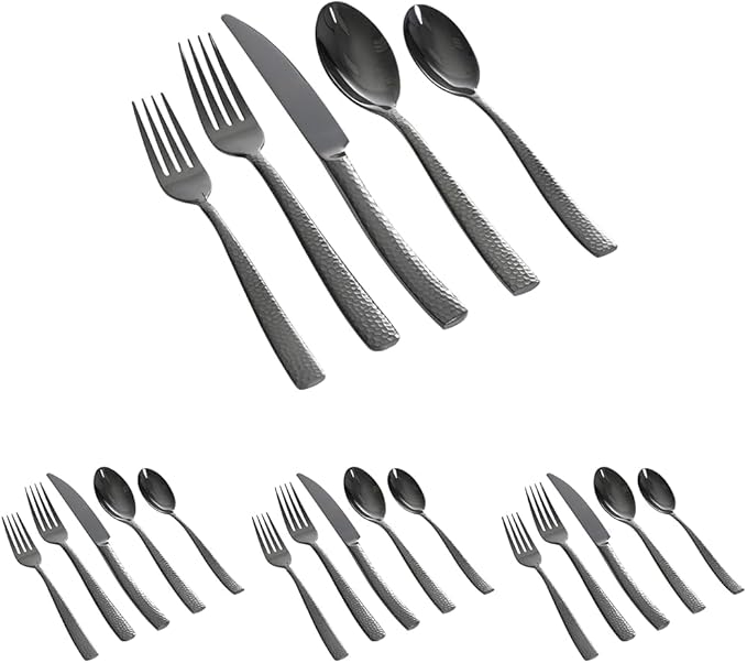 Gibson Elite Stonehenge 20-Piece Flatware Set, Service for 4 - Black w/Hammered Handle | (Pack of 4)