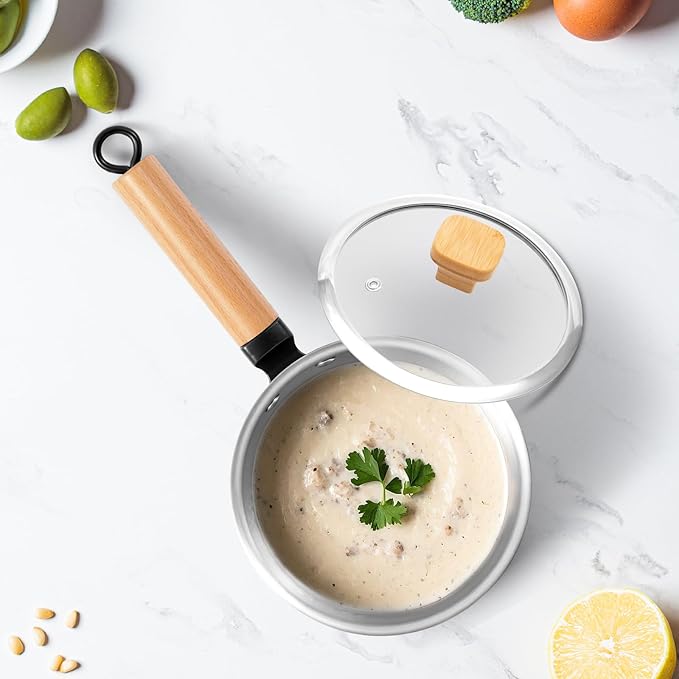 3-Ply Stainless Steel Pot, 1.8 Quart Sauce Pan, Multipurpose Small Cooking Pot with Glass Lid, Fast Heating Yukihira Pot, All Cooktop Compatible for Milk, Soups, Pasta and Everyday Cooking