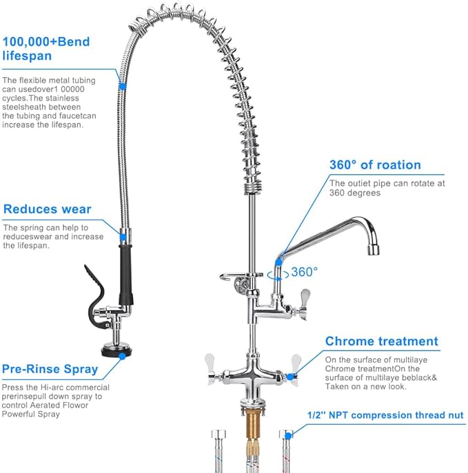 36 Inch Height Deck Mount Commercial Faucet with Pre Rinse Sprayer, Single Hole Commercial Pre Rinse Restaurant Kitchen Faucet with 12” Swing Spout for Commercial Restaurant Home Kitchens Sink