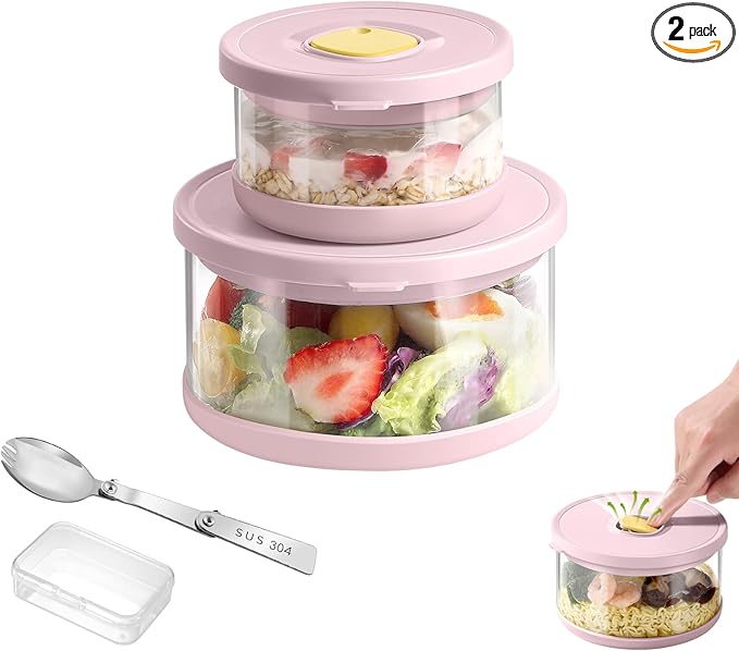 Glass Food Storage Containers with Airtight Lids, 33.8oz & 11.8oz High-Borosilicate Glass Meal Prep Containers with Spork, Bento Lunch Boxes for Salad, Ramen, Soup, Snacks, Fruit - 2 Pack, Pink