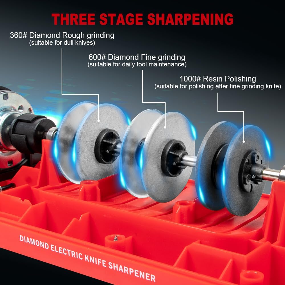 Electric Knife Sharpener,Professional kitchen knife sharpener,Diamond abrasive and precision Angle guide 3 stage slot home sharpener,Sharpening and Polishing, Red