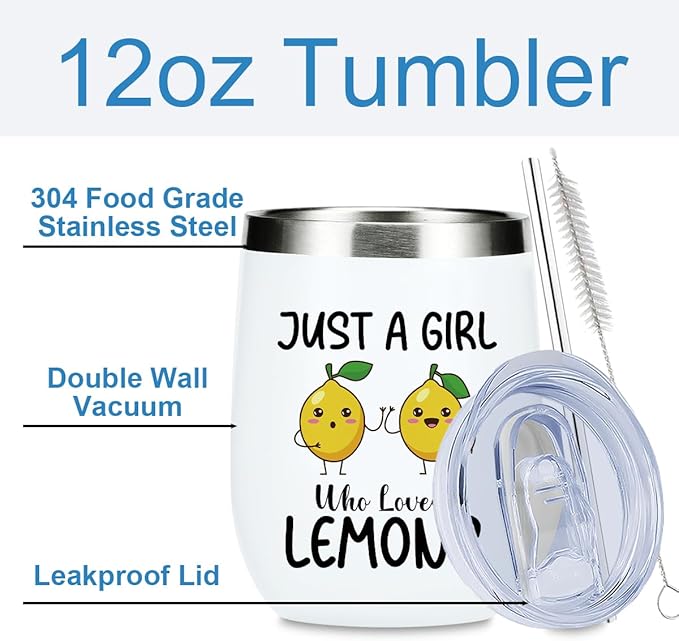 Funny Lemon Gifts, Cute Lemon Lovers Gift, Wine Tumbler Insulated Wine Glasses 12 oz Tumbler with Lid for Women Fruit Lover Girls Bestie Daughter Best Friend Sister Birthday Friendship Christmas