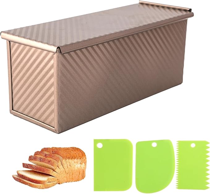 Bread Pan, 13 * 5inch Aluminized Steel Non-Stick Rectangle Pullman Loaf Pan with Lid, Long Sourdough Bread Loaf Pan for Homemade, Deep Bread Tin with Dough Scraper Cutter