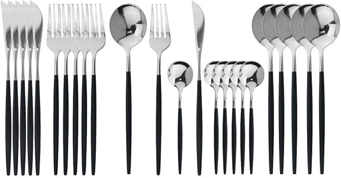 JASHII Flatware Serving Set 24 Piece, Stainless Steel Silverware Set, Titanium Black Silver Cutlery Set, Modern Elegant Tableware Set for Party, Christmas, Dinner (Black Silver)