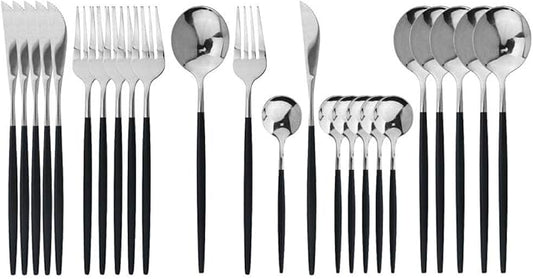 JASHII Flatware Serving Set 24 Piece, Stainless Steel Silverware Set, Titanium Black Silver Cutlery Set, Modern Elegant Tableware Set for Party, Christmas, Dinner (Black Silver)