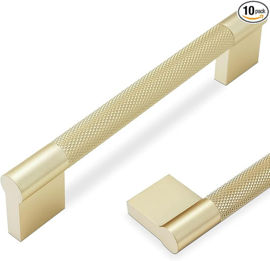 10 Pack 6-1/4 inch(160mm) Brushed Brass Kitchen Cabinet Handles Knurled Cabinet Pulls Gold Drawer Pulls Kitchen Hardware