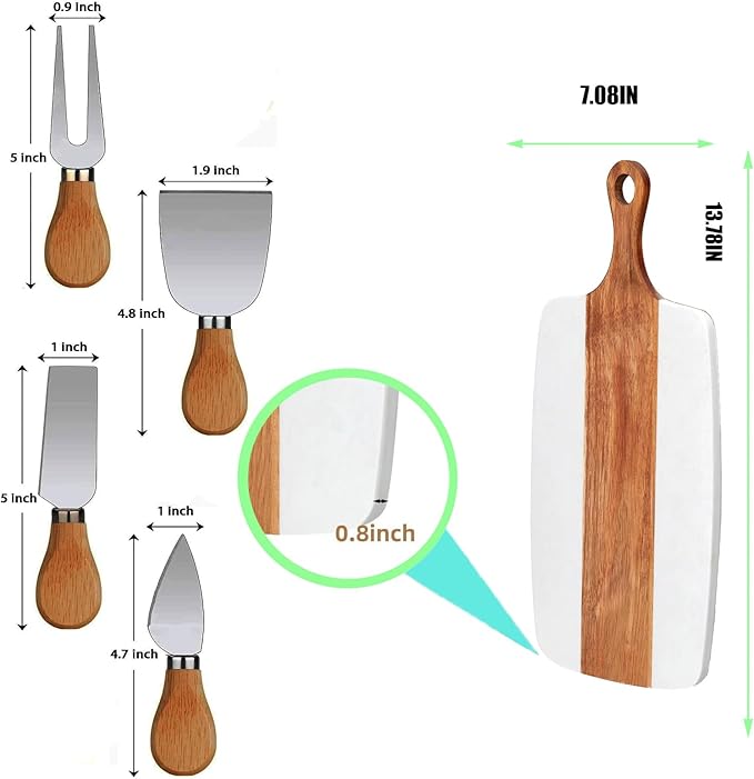 Marble and Acacia Wood Cheese Cutting Board with 4Pcs Cheese Knife Set,Luxury Charcuterie Serving Board w Utensils| Handmade Easy Grip Handle Appetizer Platter Display Tray (13.78 IN*7.08 IN*0.8 IN)