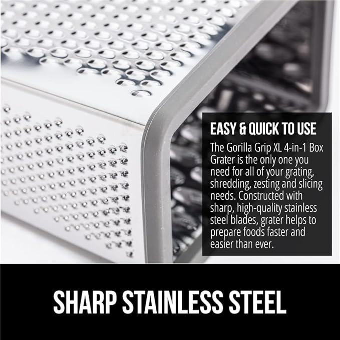 GORILLA GRIP 4-Sided 100% BPA-Free Cheese Grater With Container, Stainless Steel XL Box Graters, Parmesan Shredder, Grate Cheeses, Shred Veggies, Slip Resistant Handle, Dishwasher Safe Zester, Gray