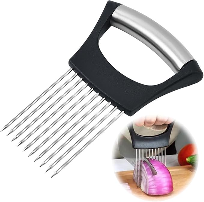 Onion Holder for Slicing, Upgrade Stainless Steel Onion Slice Holder Lemon Slicer Vegetable Cutter, Assistant Tool for Slicing Fruit, Potato, Tomato and Meat (1 Pack)