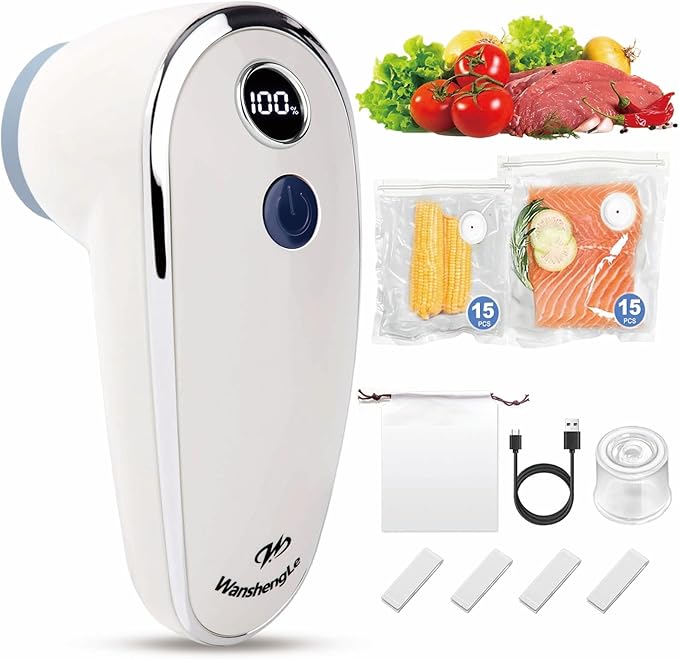 WanshengLe Vacuum Sealer, Handheld Vacuum Sealer for Food, Compact Vacuum Sealer Machine with 30 Reusable Sous Vide Bags for Preservation, Portable Food Sealer, Fresh & Save Meal Prep, White