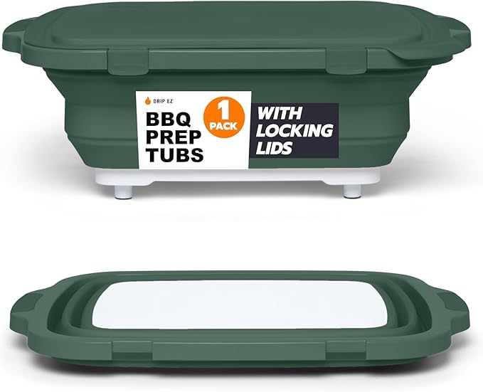 Drip EZ Collapsible BBQ Prep Tub - For Meal Prep Marinating Food Storage - Includes Cutting Board & Locking Lid - (1) OG - Green